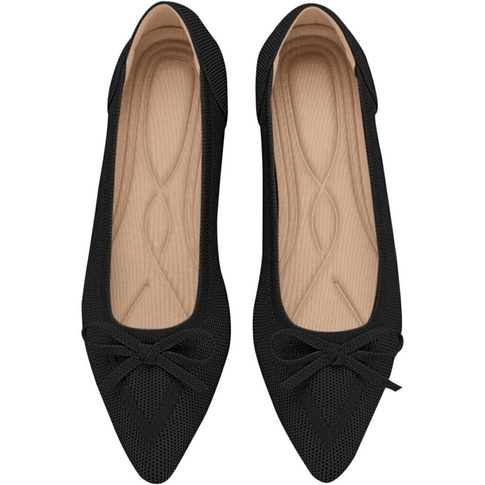 🆕Women Black Knit Pointed Toe Bow Ballet Flats Comfortable Dressy Slip On Shoes